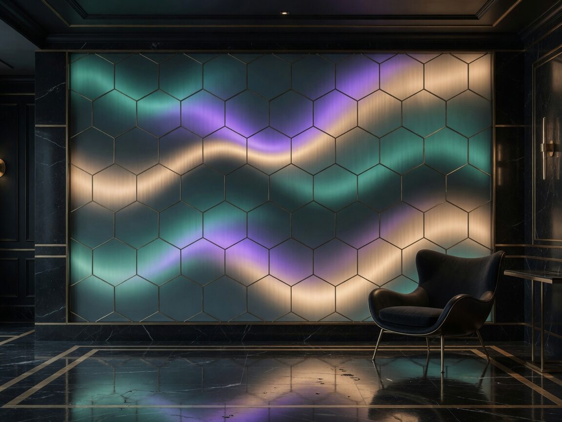 Tessera wall of hexagonal light panels in a dark marble lobby.